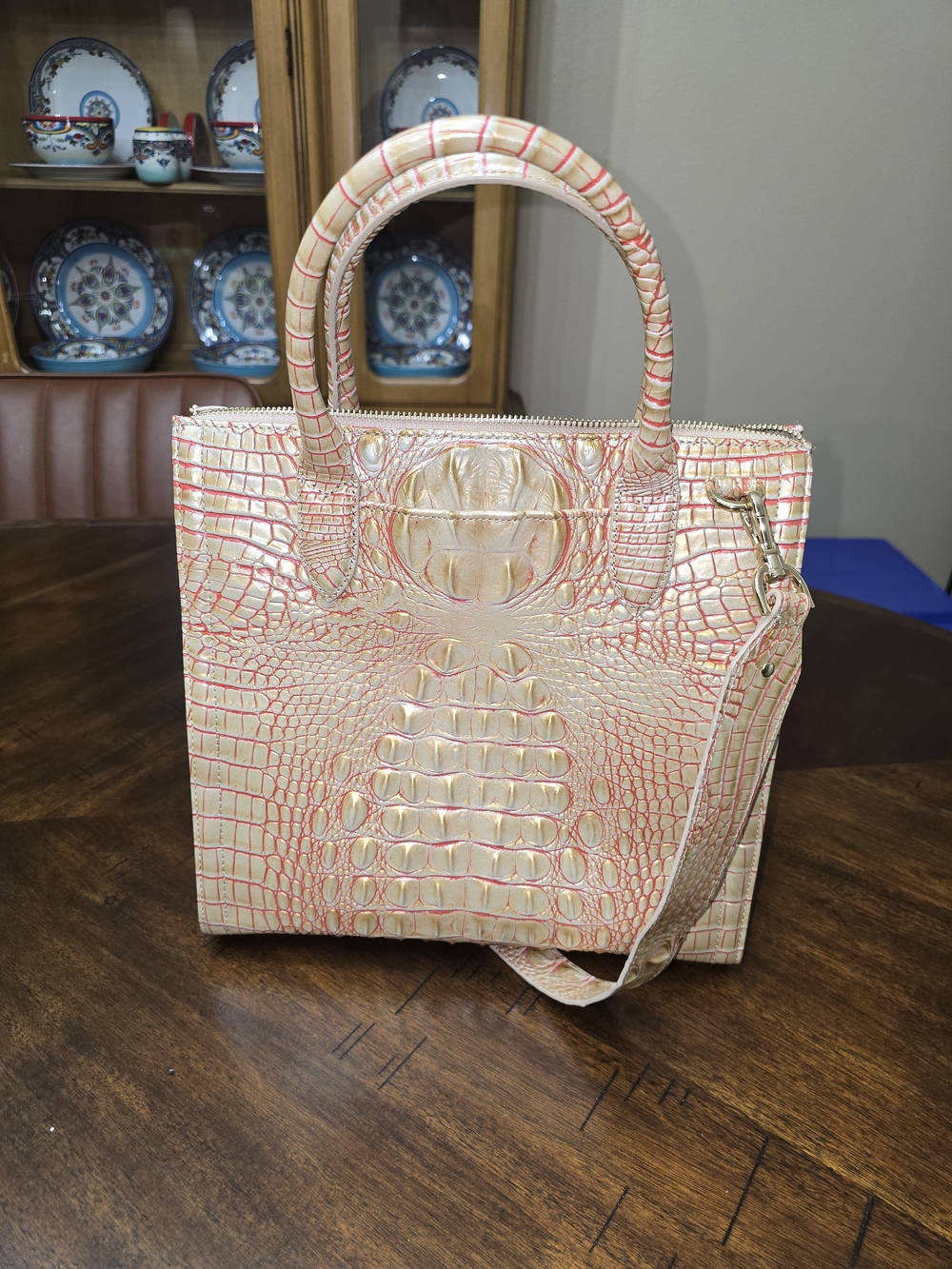 Brahmin Croc-Embossed Cream with Pink Accent Satchel - Picture 2 of 12
